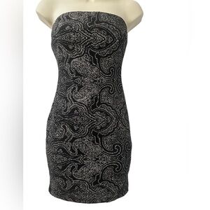 Monaco Black Strapless Mini Dress S Sparkly Metallic Paisley Print Bodycon